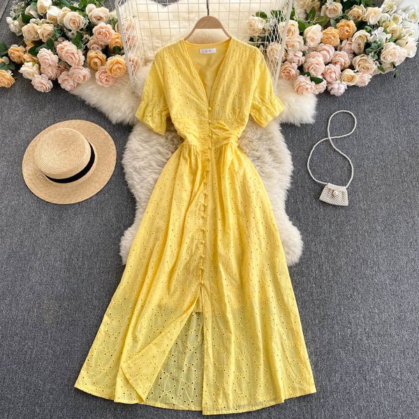 

dresses deep v-neck single breasted hollow out embroidered dress women casual short sleeve vacation beach party vestidos new, Black;gray