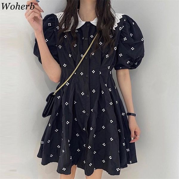 

women vintage dress korean chic puff sleeve floral embroidery cute dresses ladies elegant party robe vestidos mujer 210519, Black;gray