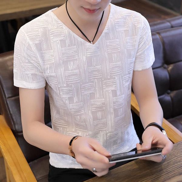 

v-neck short-sleeved men's ice silk simple slim t-shirt t-shirts, White;black