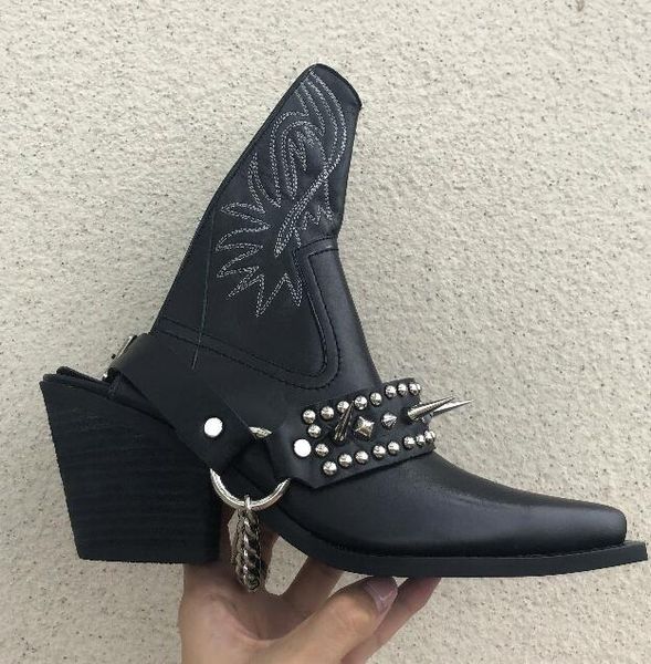 

dress shoes moraima snc est real leather thick heels woman square toe rivets studded mules summer runway high heel, Black