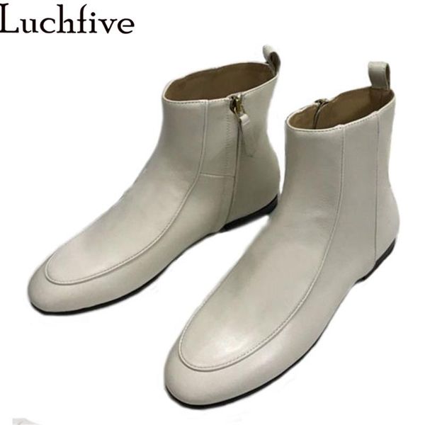 

boots real leather ankle woman beige metal chains designer brand round toe low heels casual flat short mujer, Black