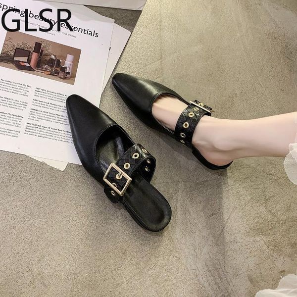 

summer punk style rivets mules shoes women pointed toe flat sandals leather mule slides studded ladies slippers, Black