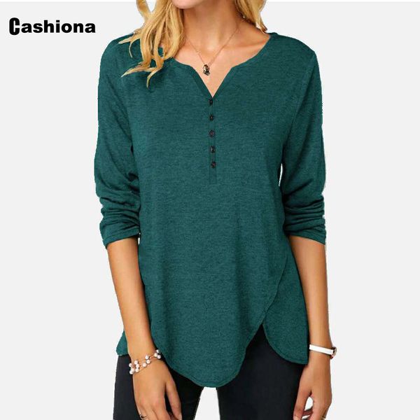 

women elegant leisure casual t-shirt solid color splice buttons long sleeve plus size femme 2021 autumn irregular tees shirt, White