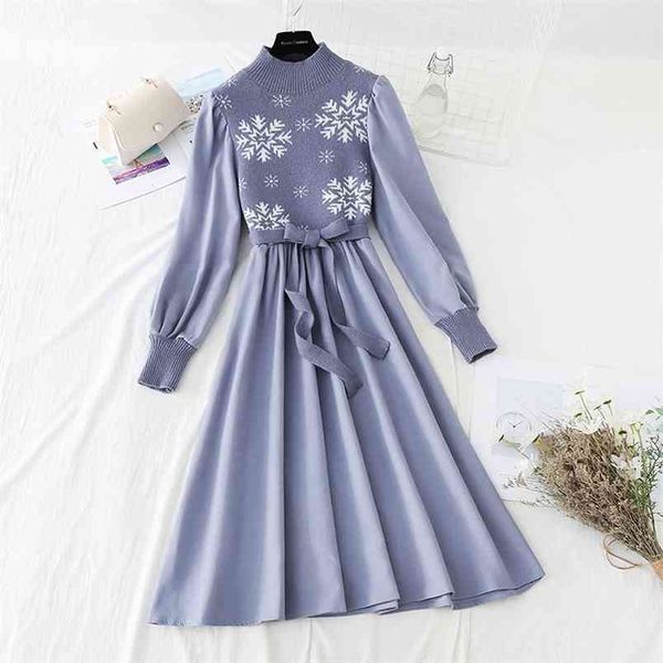 

spring knitted patchwork women dress korean puff sleeve a line slim bandage long es office lady elegant robe 210514, Black;gray