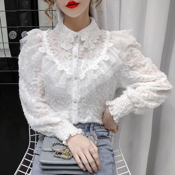 

lace autumn winter spring womens shirt long sleeve blusas ropa de mujer, White