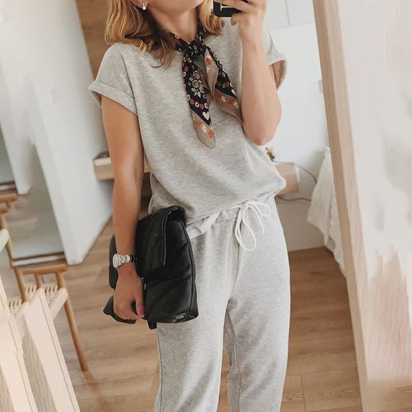 

women casual lace-up two piece sets spring summer o-neck short sleeve t-shirt + straight pants gray leisure wear women sets 210416, White