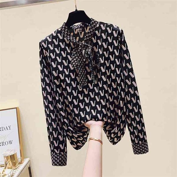 

luxury design autumn fashion women's bow chiffon letter print shirt long sleeves blouses shirts a3790 210519, White