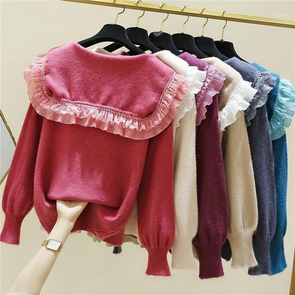 

women's sweaters 2021 korean fashion women sweater and pullovers patchwork ruffles knit jumper oversize jumpers twistted pull femme, White;black