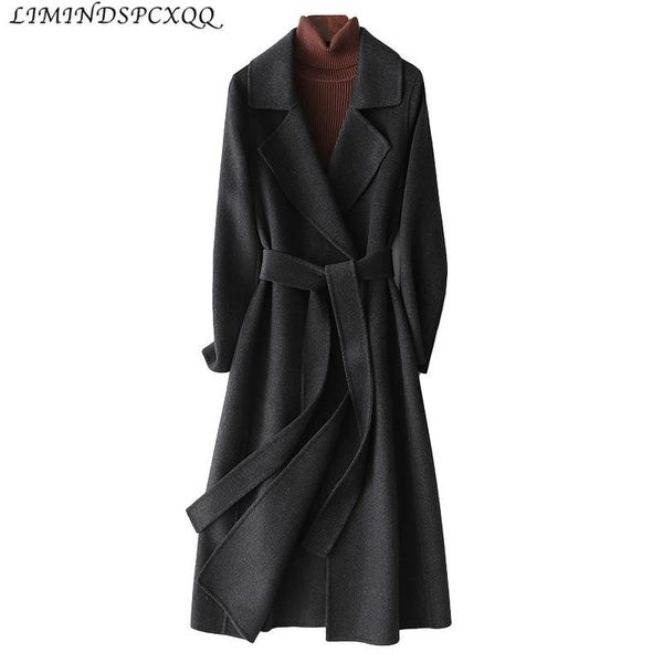 

women's wool & blends 2021 autumn woolen coat 100% women fashion classic cashmere plus size elegant navy long abrigo mujer, Black