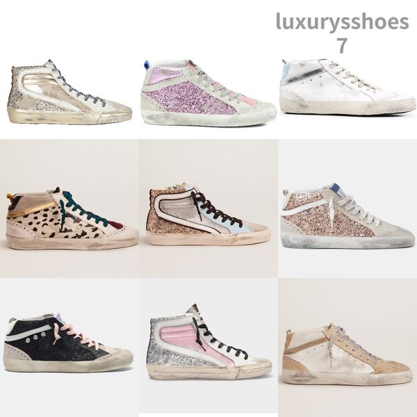 

new release mid slide star high sneakers woman casual shoes luxury italy brand trainers golden sequin classic white do-old dirty men shoe, Black