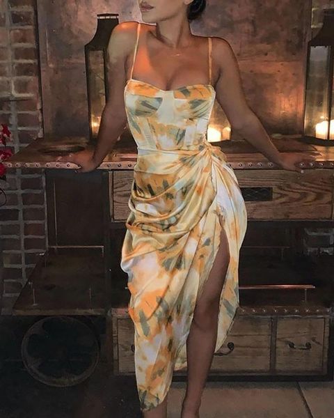 

casual dresses 2021 chic summer dress abstract print spaghetti strap high open ru ruffle nightclub party suspender, Black;gray