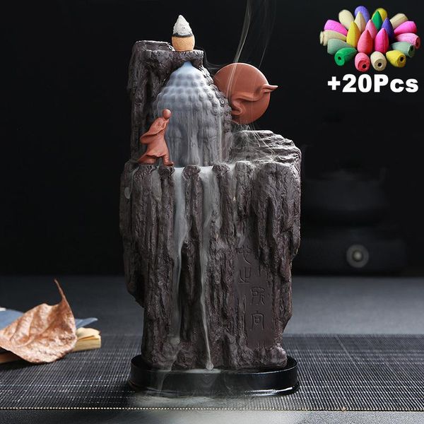 

fragrance lamps gift handmade ceramic rockery waterfall buddha monk chinese feng shui landscape decor flowing water backflow incense burner