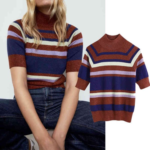 

tank autumn striped women's fashions short high knitted shirt sweater, White