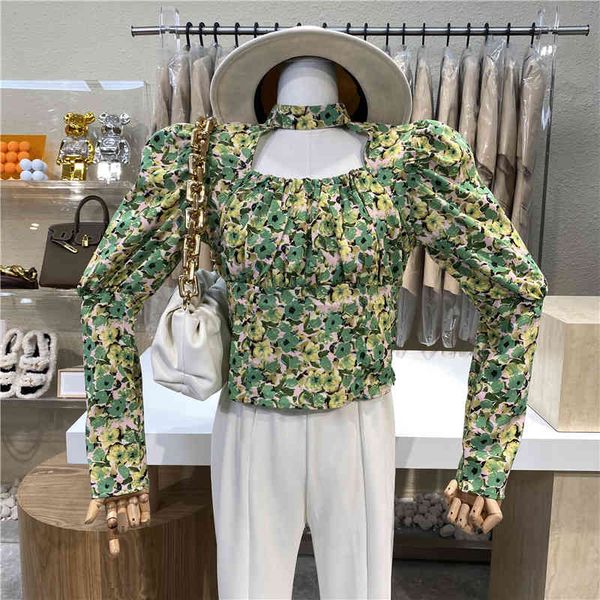 

nicho design 2021 french floral cut-off shirt slimming top, White