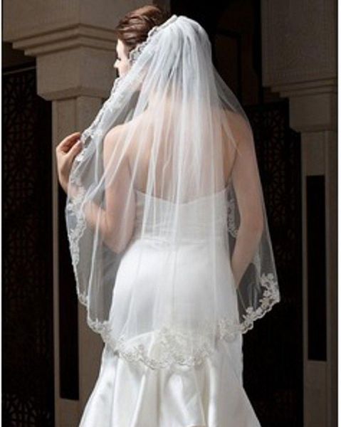 

bridal veils elegant one-tier fingertip length wedding dress veil with lace applique edge for bride, Black