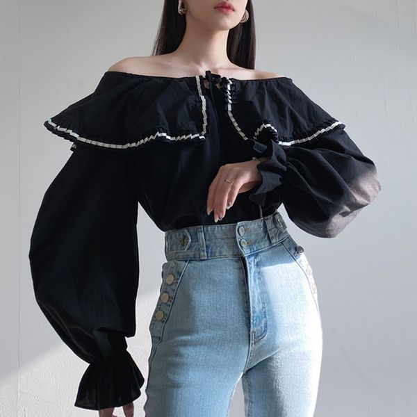 

summer fashion temperament casual white one-line collar ruffled pleated stitching loose lantern sleeve shirt 16f1247 210510
