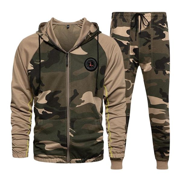 

spring autumn sports suit men's stitching hooded camouflage two-piece set sportswear husband jogging homme sweatshirt sets gym clothing, White;black