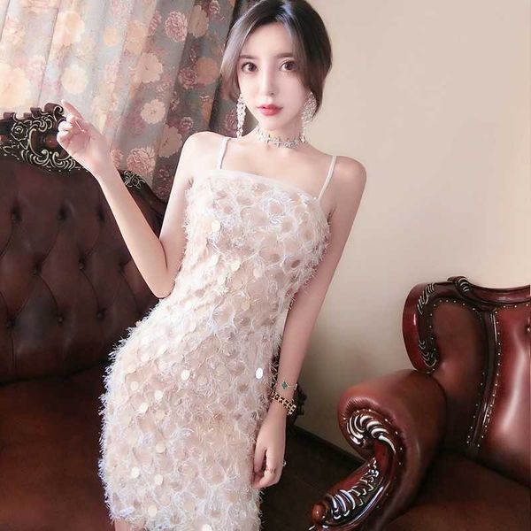 

spaghetti strap shoulder summer dress sequin tassel bodycon es backles club party vestidos 210601, Black;gray