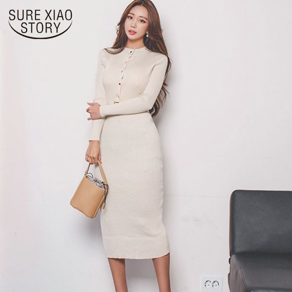 

female knee-length knitted elegant single breasted women sweater dress o-neck full sleeve sashes stretch vestidos 6647 50 210417, Black;gray