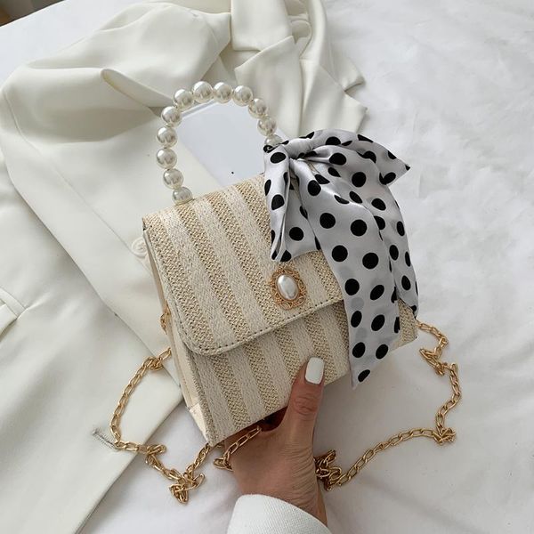 

evening bags women beach vacation bag woven crossbody vintage ladies pearl chain flap purse simple all-match handbag for female