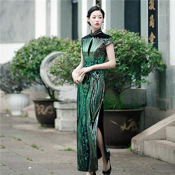 

ethnic clothing sheath women velour dress gown mandarin collar qipao large size 3xl-5xl chinese cheongsam summer exquisite vestidos, Red