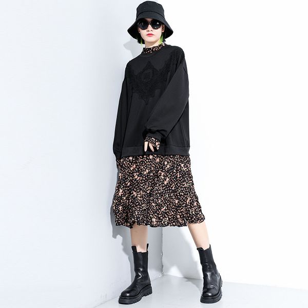 

female leopard maxi print long 2021 casual fashion shreds dress loose, Black;gray