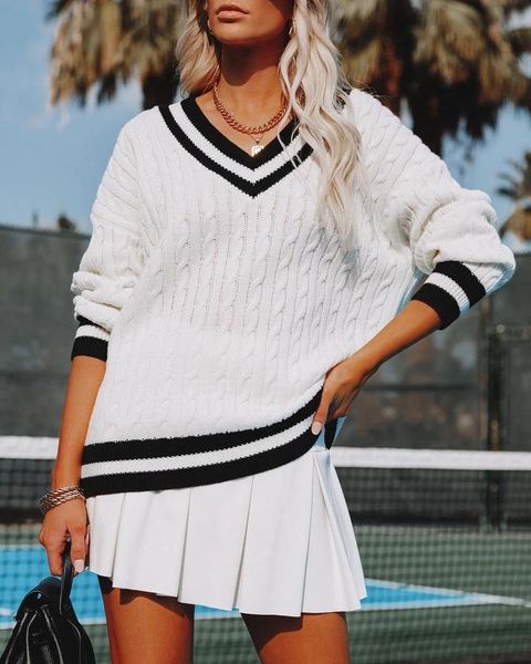 

women's sweaters women autumn jumper sweater splicing v-neck long-sleeve knitted loose pullover for girls 2021, White;black