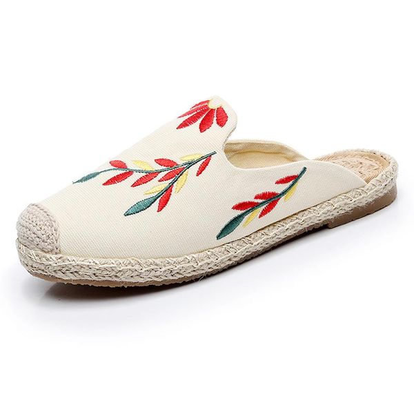 

hand woven embroidered leaf baotou slippers women's beach shoes rope fisherman's, Black