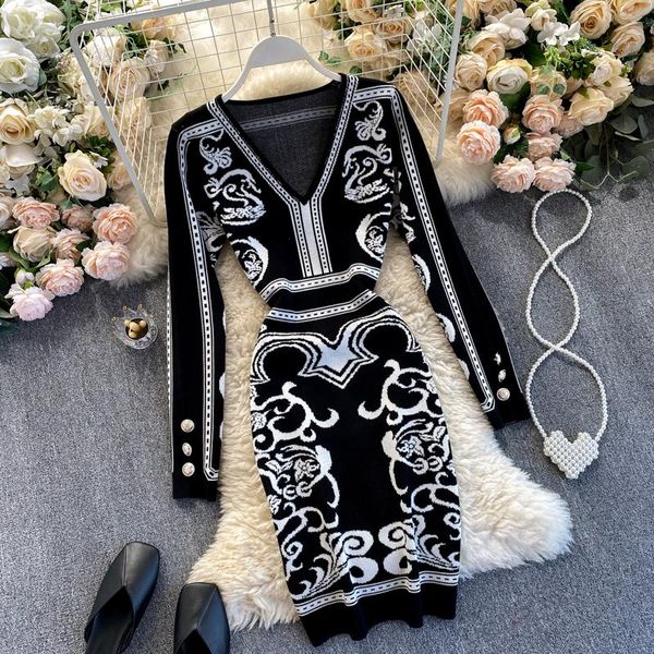 

casual dresses women dress vintage print v-neck long sleeve autumn winter 2021 slim bodycon black vestidos fashion ladies, Black;gray