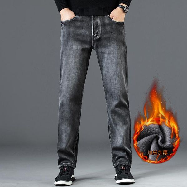 

men's jeans winter warm fleece 2021 classic style gray cotton regular fit stretch denim thick pants male brand trousers, Blue