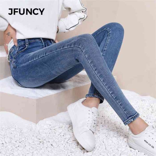 

jfuncy women high waist skinny jeans mujer slim stretch jeans plus size spring pencil denim pants lady woman jeans, Blue