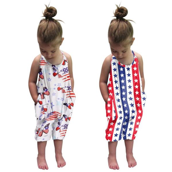 

jumpsuits independence day girls romper jumpsuit summer american flag print toddler kids baby sleeveless pocket playsuit 1-6 years, Blue