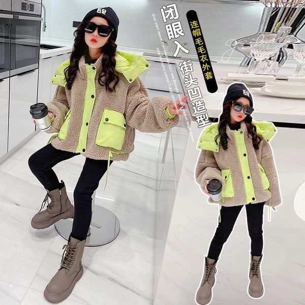 

down coat children autumn winter warm comfortable hooded jacket teens girl lamb wool patch big pocket outerwear kids thick cotton 10y, Blue;gray