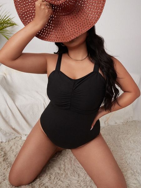 

plus ruched bust one piece swimsuit h3pl#, Black