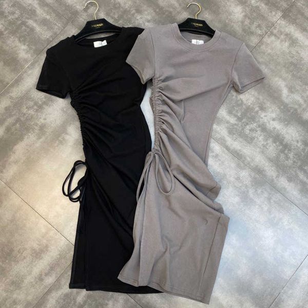 

fabpop summer short sleeve o neck side drawstring high waist slim long dress women gb668 210709, Black;gray