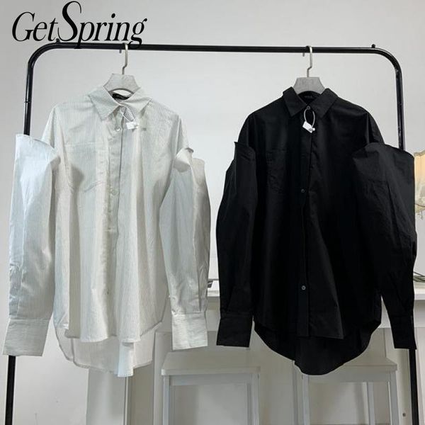 

women's blouses & shirts getspring women shirt irregular long sleeve striped woman black white casual asymmetry womens 2021