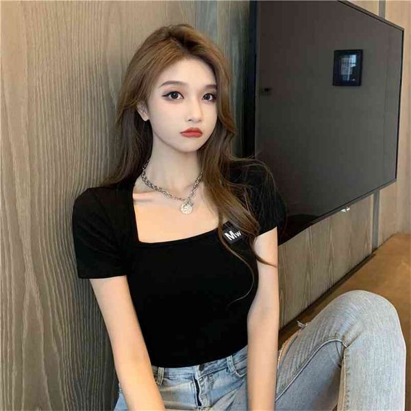 

summer the short tight square collar women t-shirt sleeve female high waist design tshirt woman tshirts 210507, White
