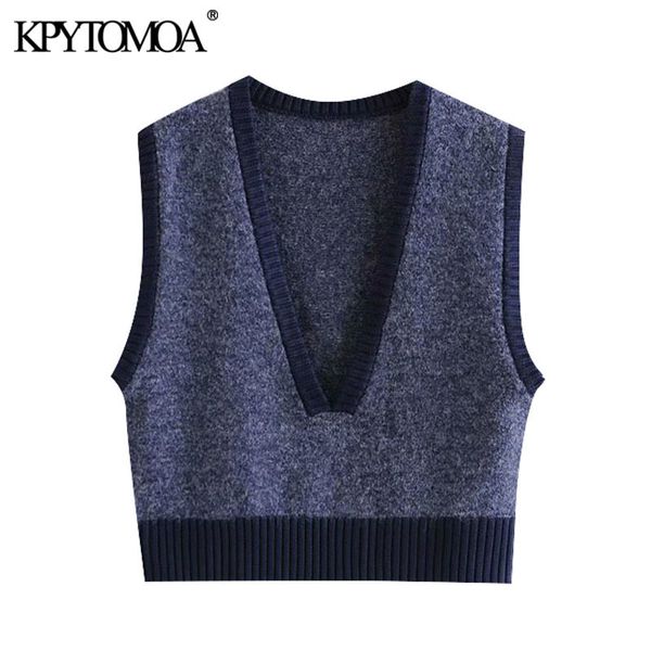 

women fashion deep v neck cropped knitted vest sweater vintage sleeveless patchwork female waistcoat chic 210416, White;black