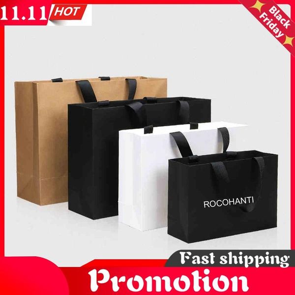 

custom logo paper shopping bag with ribbon handle for clothing gift packaging wrap
