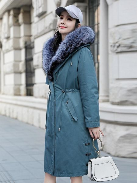 

women's fur & faux real parka 2021 winter jacket women natural liner long trench coat female collar overcoat my3546, Black
