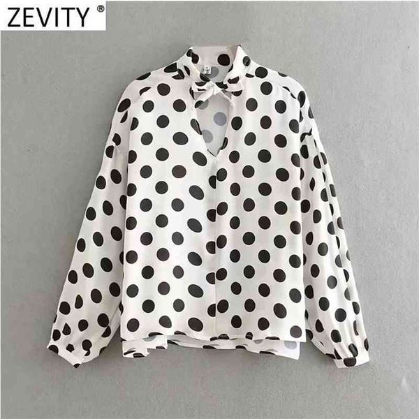 

women sweet bow tied decoration polka dots print casual smock blouse female chic long sleeve brand blusas ls9073 210416, White