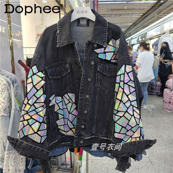 

women's jackets streetwear black denim jacket female 2021 spring fashion all-match plaid sequin stitching loose jeans women coat, Black;brown