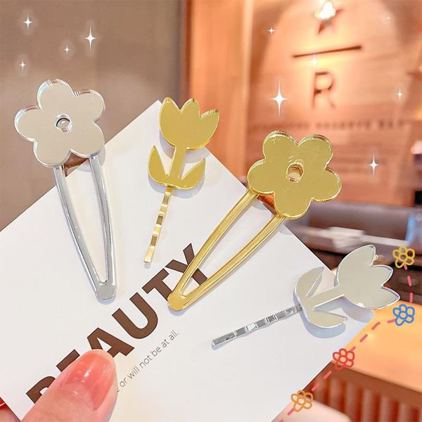 

hair accessories fashion clip for women 2021 girls simple metal mirror flower hairpin sweet girl side headwear, Slivery;white