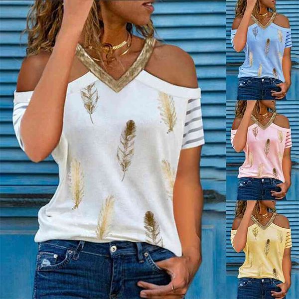 

summer v-neck off shoulder feather print t-shirt casual women shirt vintage loose short sleeve pullover tshirt 210623, White