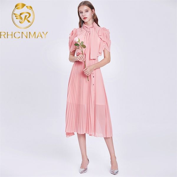 

vintage elegant bowknot collar pink summer chiffon pleated midi long dress retro office lady work with button 210506, Black;gray