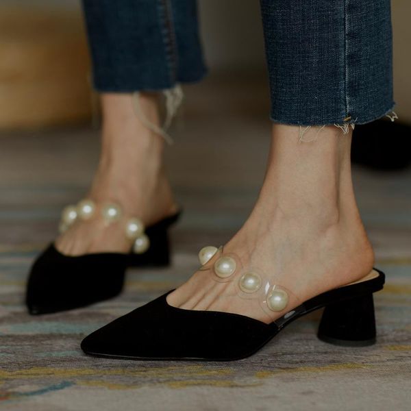 

dress shoes luxury designer mules women block heel pumps sandals 2021 summer cowhide pointed toe slip on pearls high heels size 33, Black