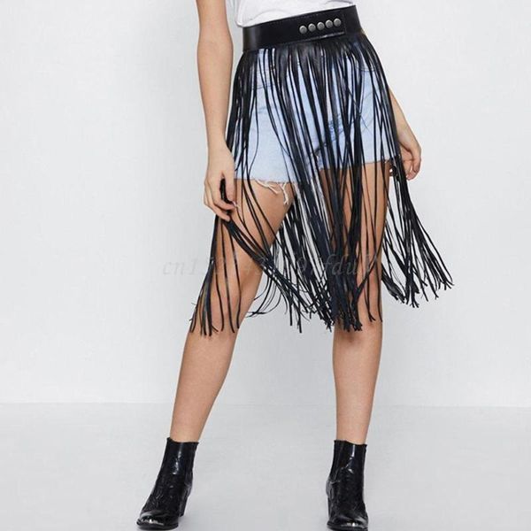 

skirts thinkthendo womens high waist faux leather tassels skirt body harness punk party clubwear, Black