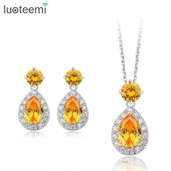 

earrings & necklace luoteemi luxury women double heavy water drop cubic zirconia set for wedding bridesmaid jewelry, Silver