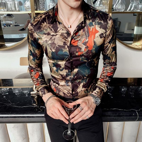 Camicia con stampa foglia Stilista di moda Fiore Luxury Royal Men Tuxedo Camisas Abbigliamento da club Manica lunga Abbigliamento casual sottile