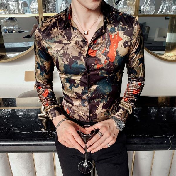 

leaf print shirt fashion designer flower luxury royal men tuxedo camisas club clothing long sleeve slim casual wear, White;black